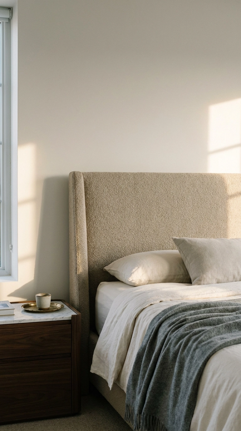Muted sand bouclé upholstered headboard against bone-white walls in a restful bedroom