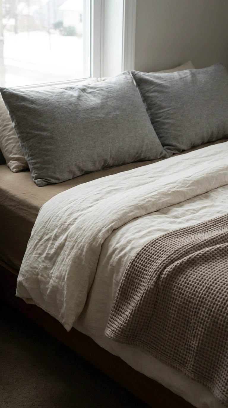 Monochromatic layered neutral bedding featuring washed linen and a waffle knit throw