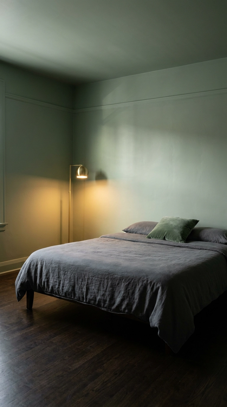 Color drenched sage green bedroom with Benjamin Moore October Mist paint