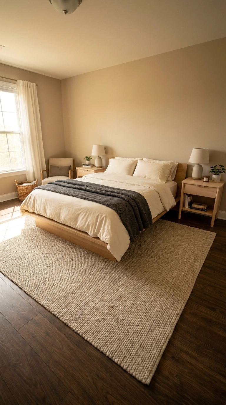 Oversized oatmeal flatweave wool rug extending under the bed in a restful bedroom