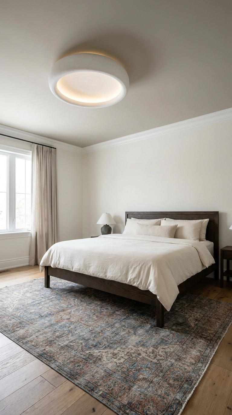 Dusty greige painted ceiling with white crown molding and bone-white bedroom walls