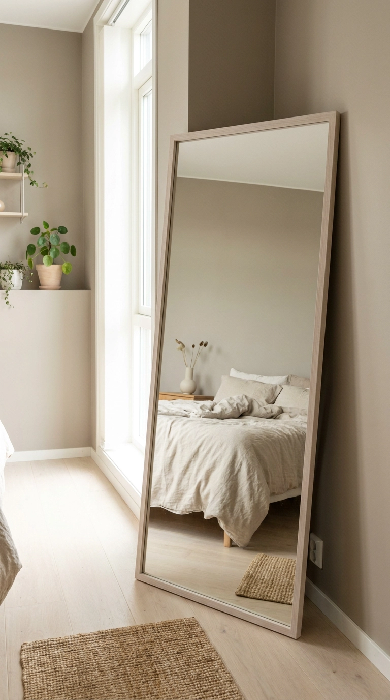 Minimalist full-length oak framed floor mirror leaning against a warm greige wall
