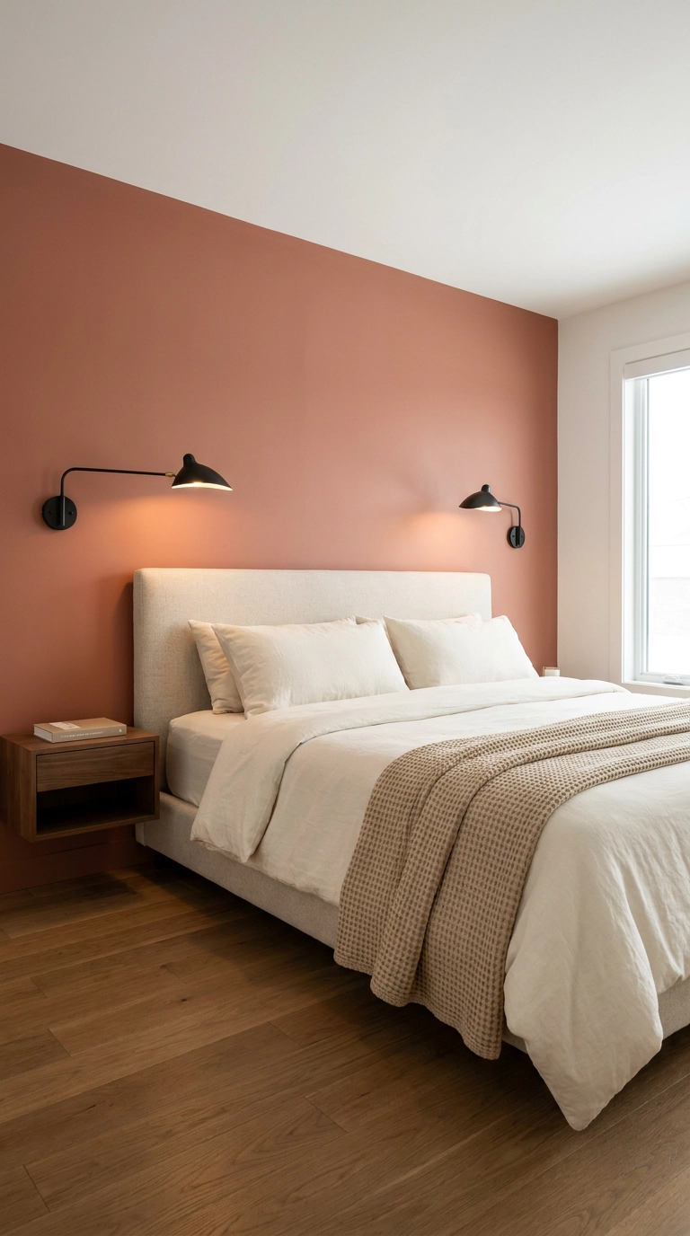 Muted terracotta accent wall painted in Sherwin Williams Cavern Clay in a bedroom