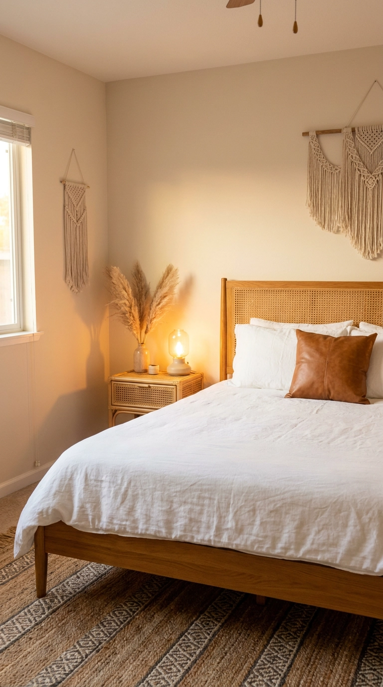 Woven cane webbing headboard framed in warm oak against an alabaster bedroom wall