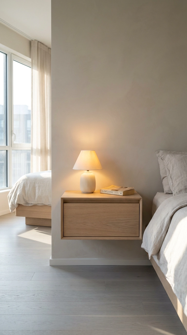 Floating white oak nightstand mounted on a greige wall in a restful bedroom
