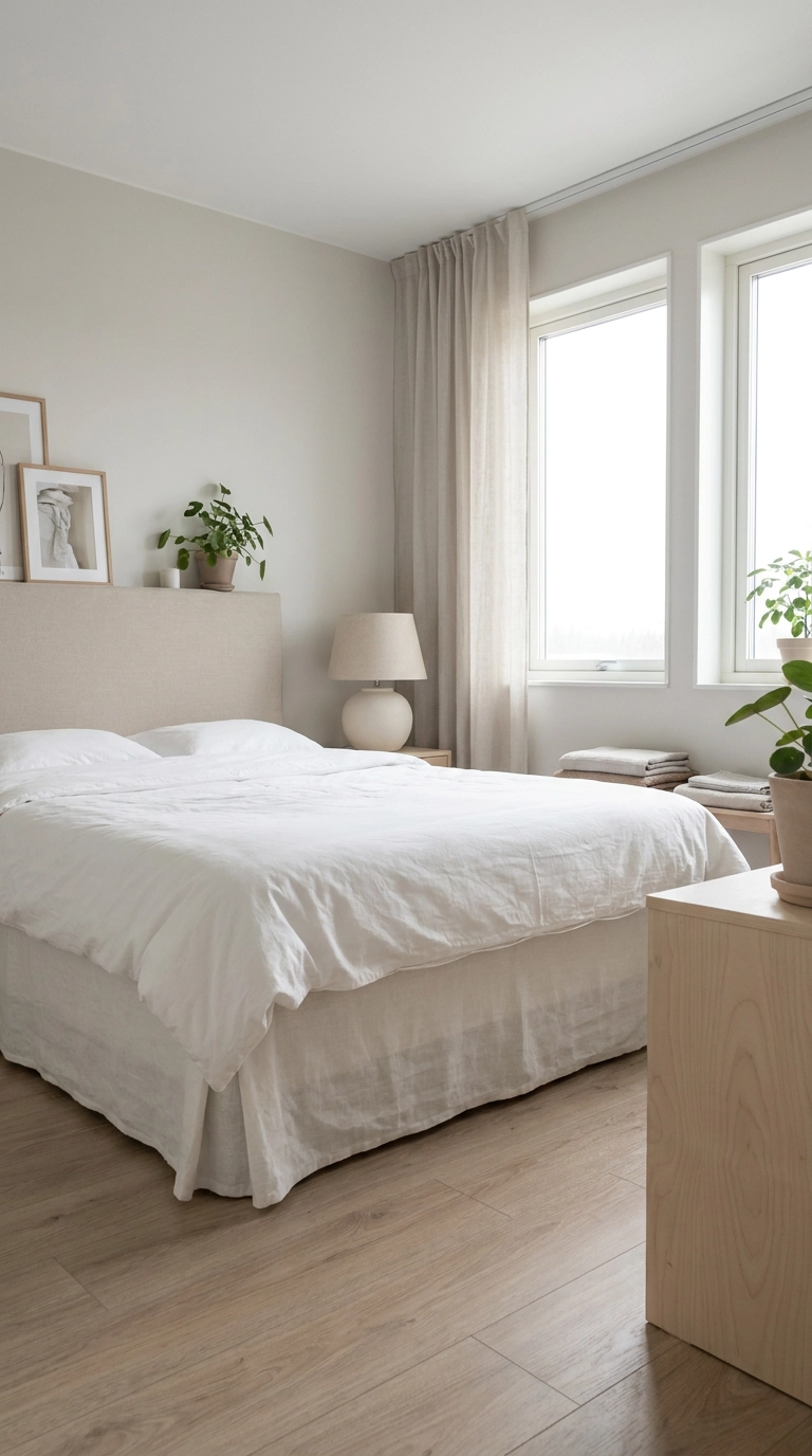 Tailored bone-white linen bed skirt concealing under-bed storage in a clean bedroom