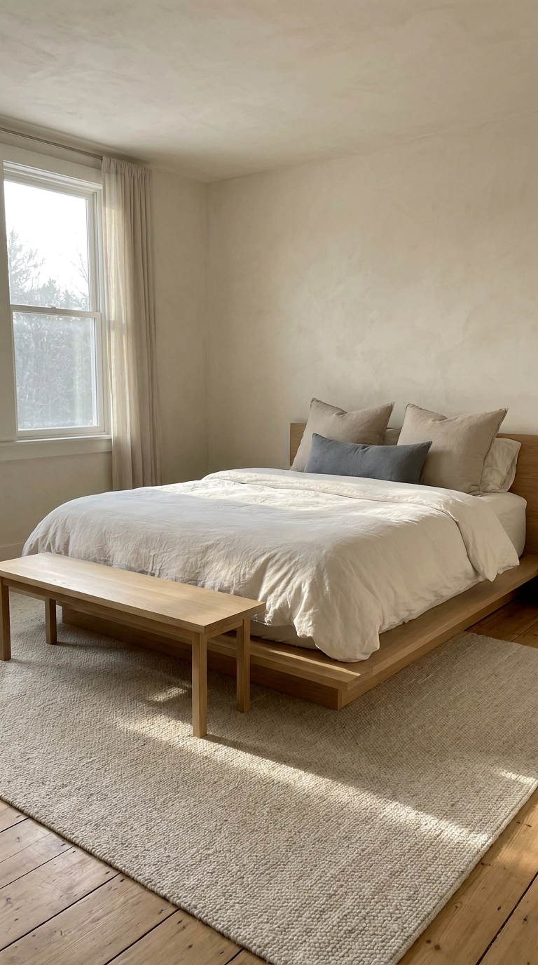 Low-profile Japandi white oak platform bed frame in a restful neutral bedroom