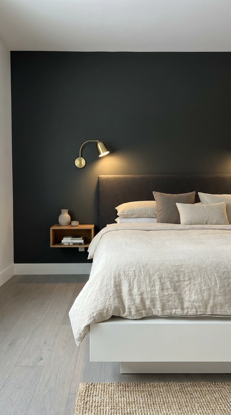 Dusty matte charcoal feature wall behind a white bed frame in a restful bedroom