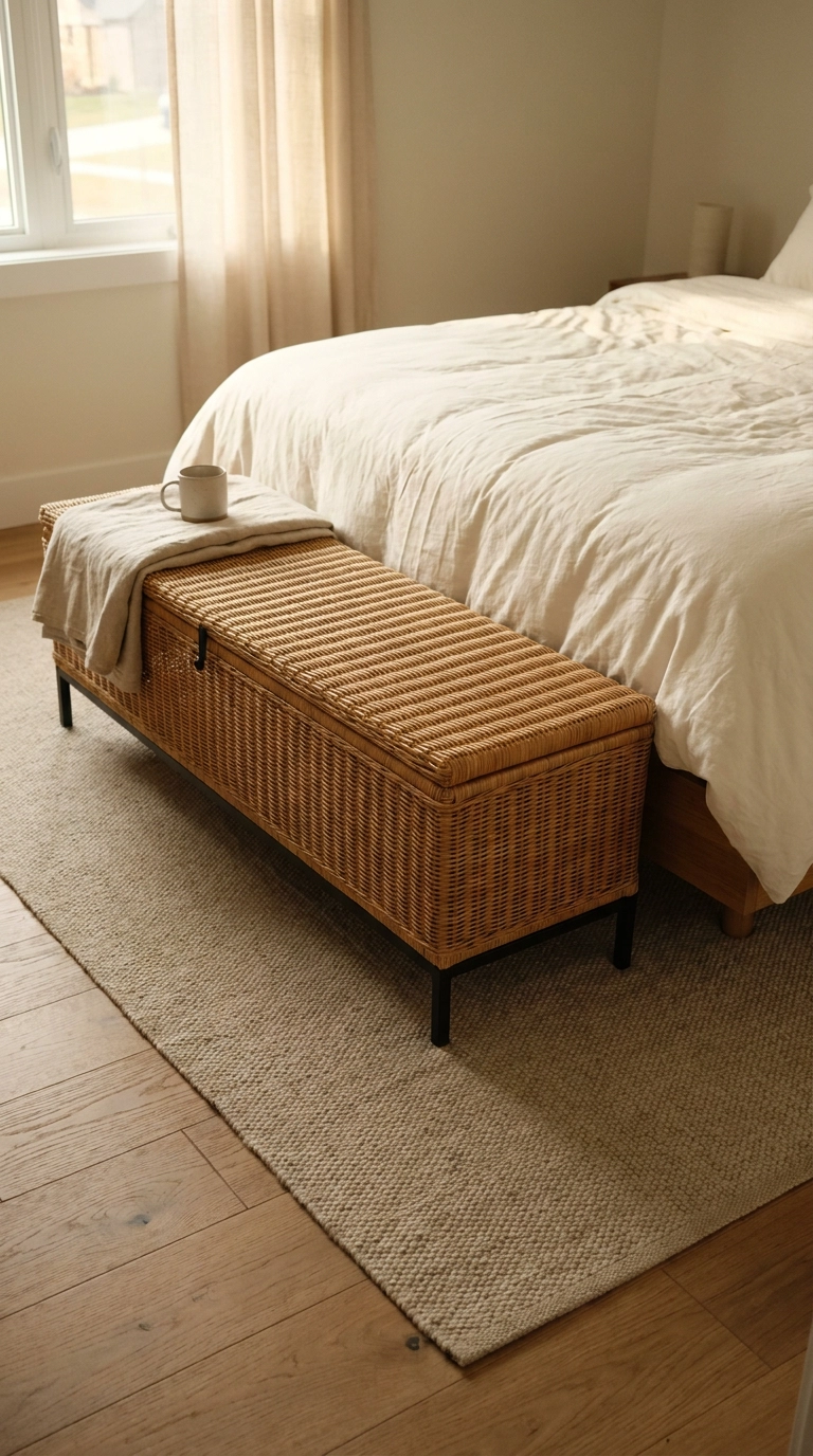 Natural honey rattan woven storage trunk sitting at the foot of a restful bed
