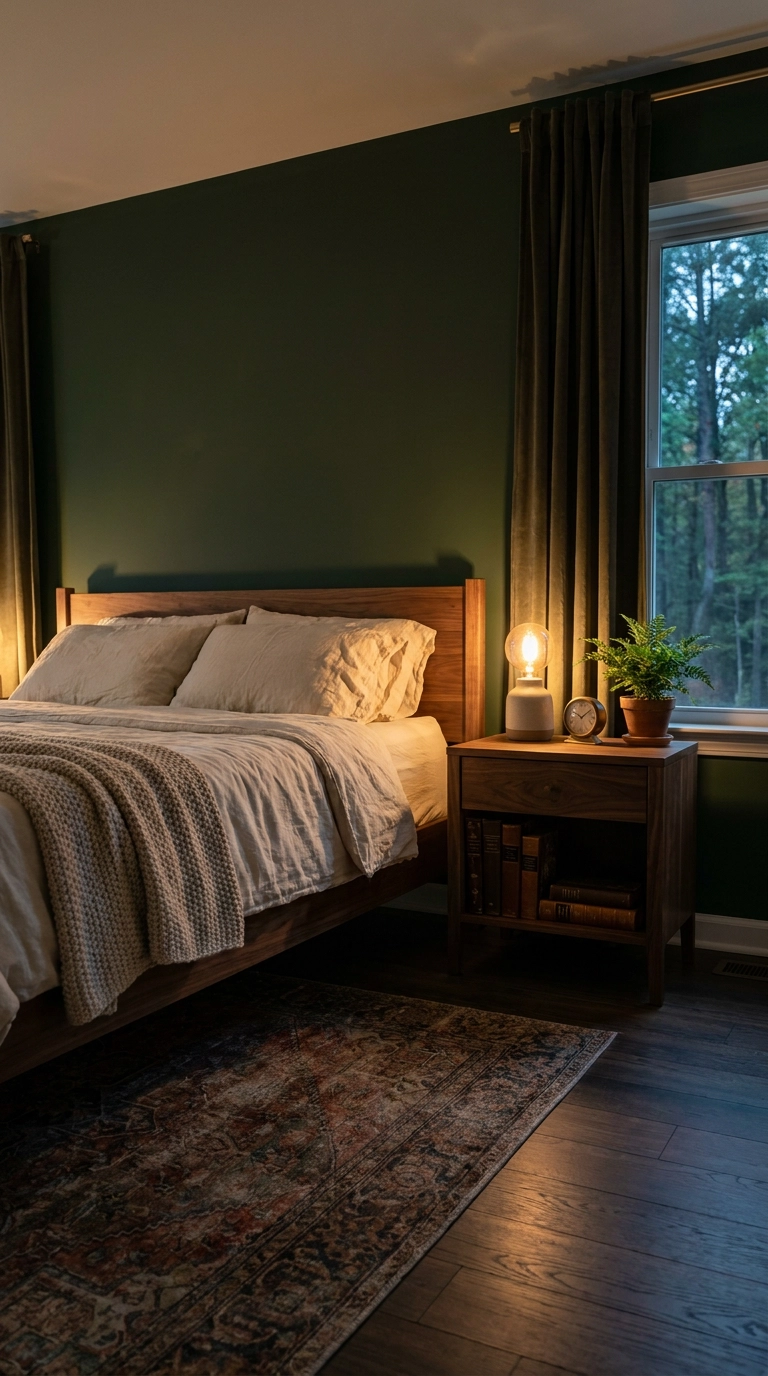 Deep forest green feature wall painted in Sherwin Williams Ripe Olive with walnut nightstand