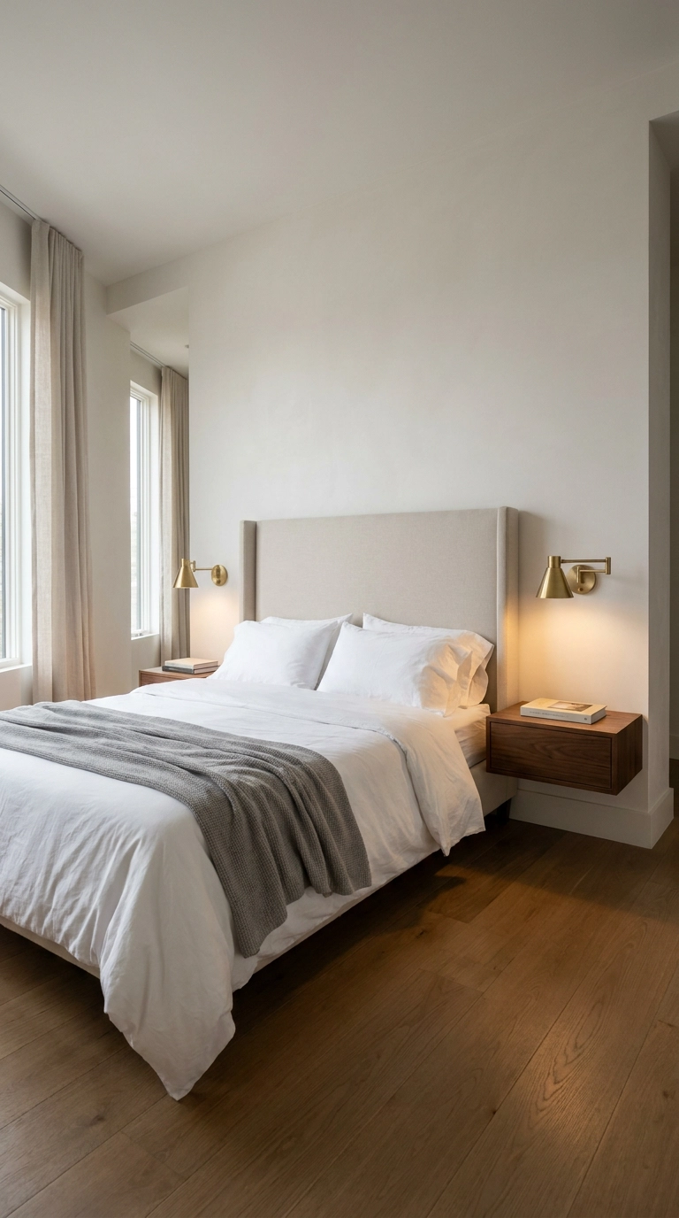 Dimmable brushed brass wall sconces casting warm light in a restful master bedroom