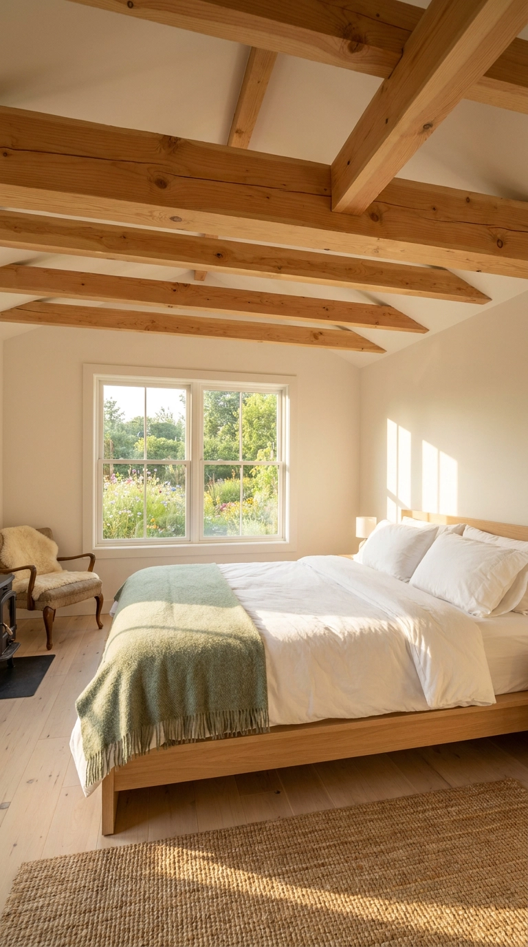 Detached backyard shed converted into a cozy guest casita bedroom with exposed pine beams
