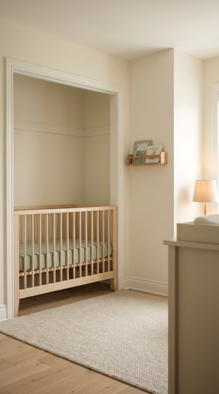 Large walk-in closet converted into a cozy nursery nook with a natural birch crib