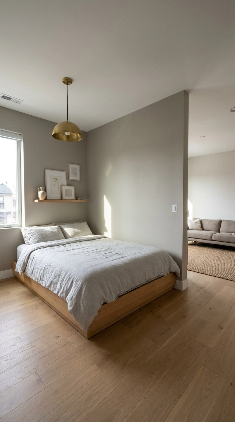 Partition wall framed in a large bedroom to divide the space into two separate rooms