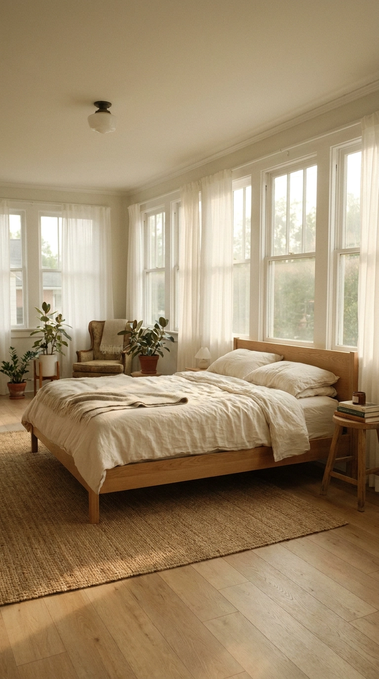 Enclosed breezeway converted into a central bedroom connecting home and garage