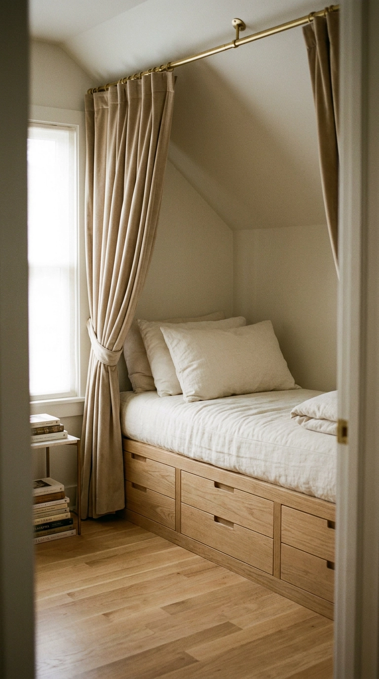 Kitchen breakfast nook converted into a built-in daybed sleeping alcove with privacy curtains