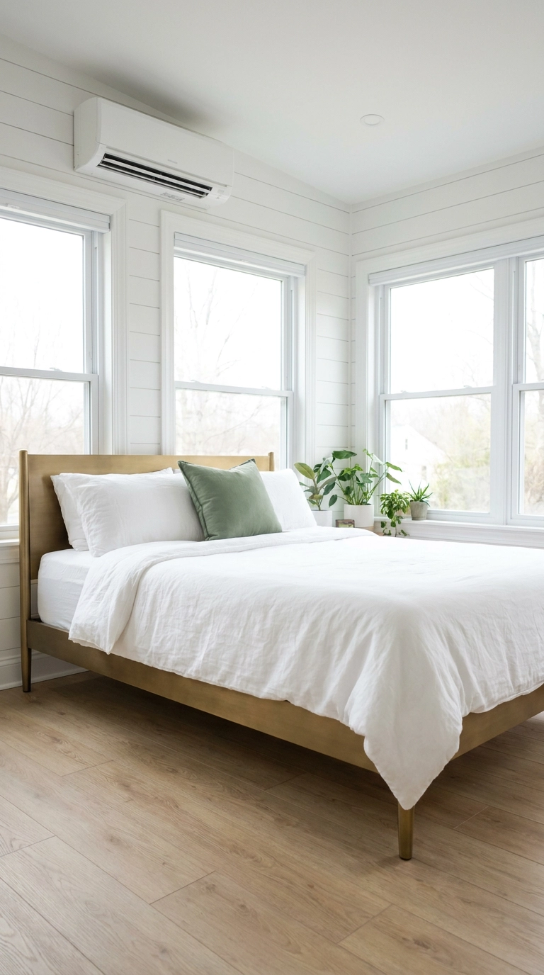 Enclosed sunroom converted to a bedroom with wall-mounted ductless mini-split heating and cooling