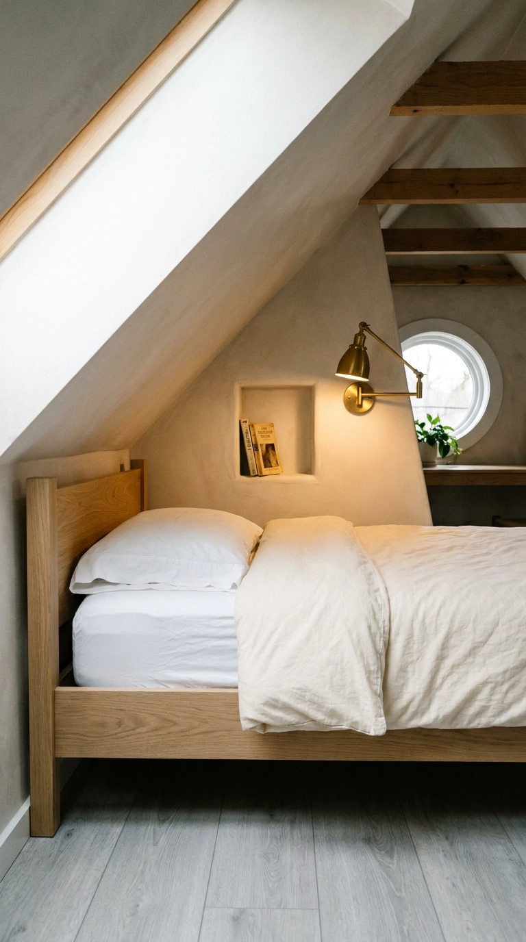 Unused attic eaves converted into a custom built-in twin sleeping berth with a wall niche