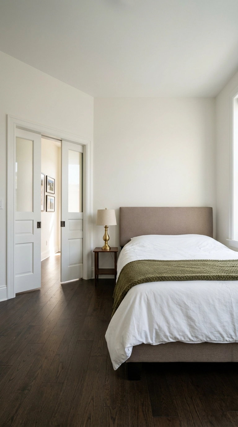 Formal dining room converted into a bedroom featuring frosted glass double pocket doors