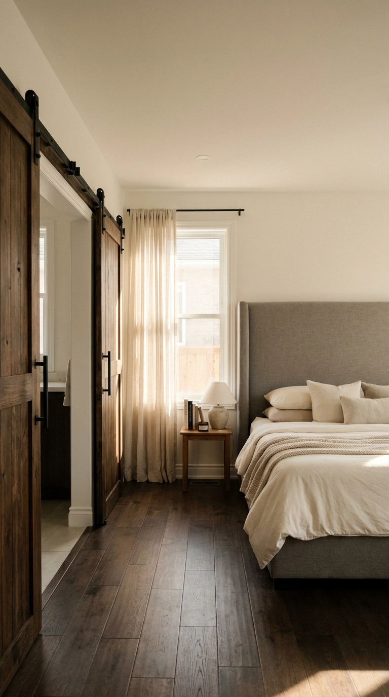 Formal living room converted into a main-floor bedroom with double sliding wooden barn doors