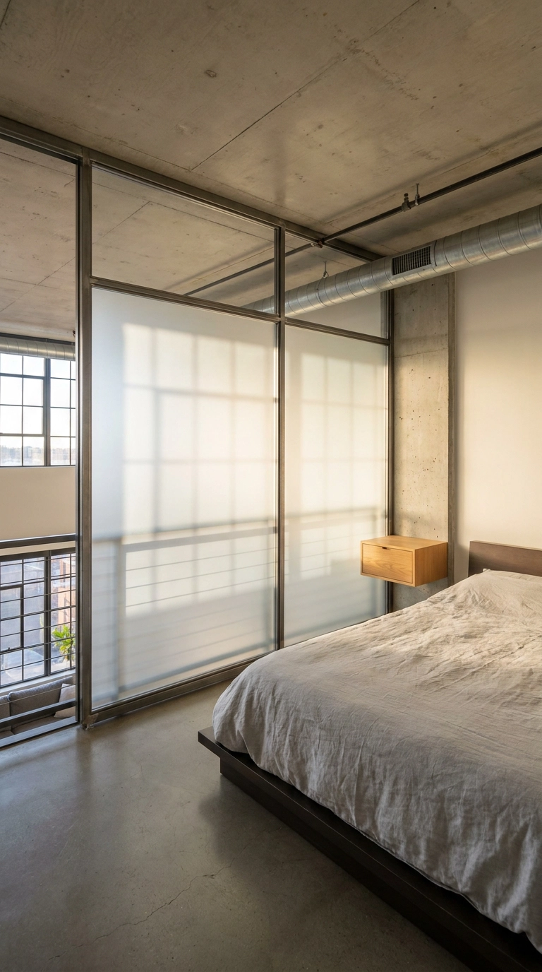 Upper mezzanine loft converted into a private bedroom using frosted glass acoustic partitions