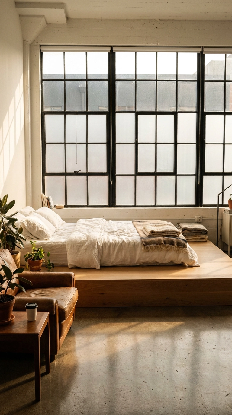 Commercial storefront converted to a residential live-work bedroom with a raised wood platform