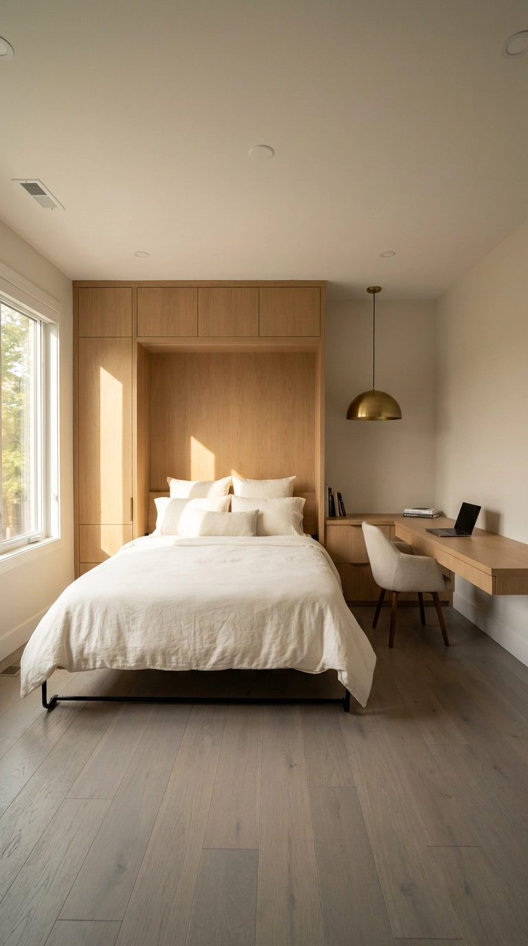 Home office converted to a guest room using a custom white oak built-in Murphy bed