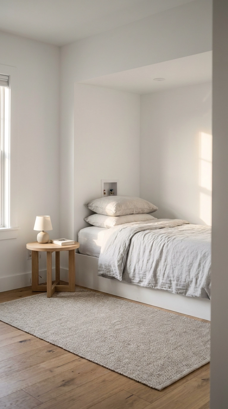Former laundry room converted into a micro guest bedroom with a twin bed nook