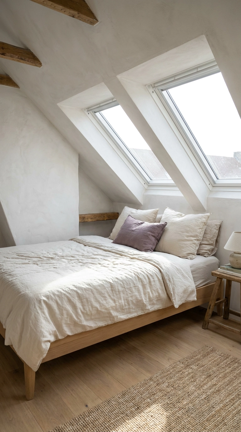 Sloped attic conversion featuring roof skylights and a low white oak bed