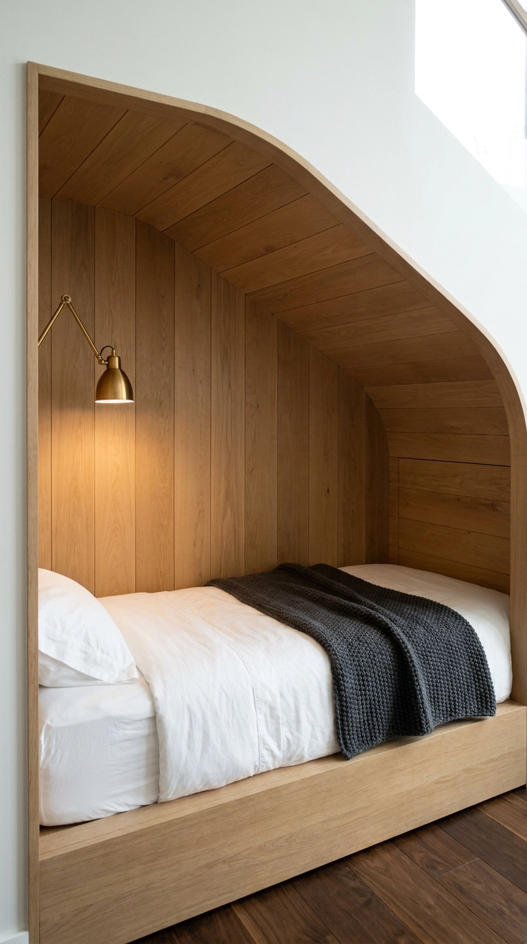 Under-stairs alcove converted into a custom built-in sleeping berth with brass reading light