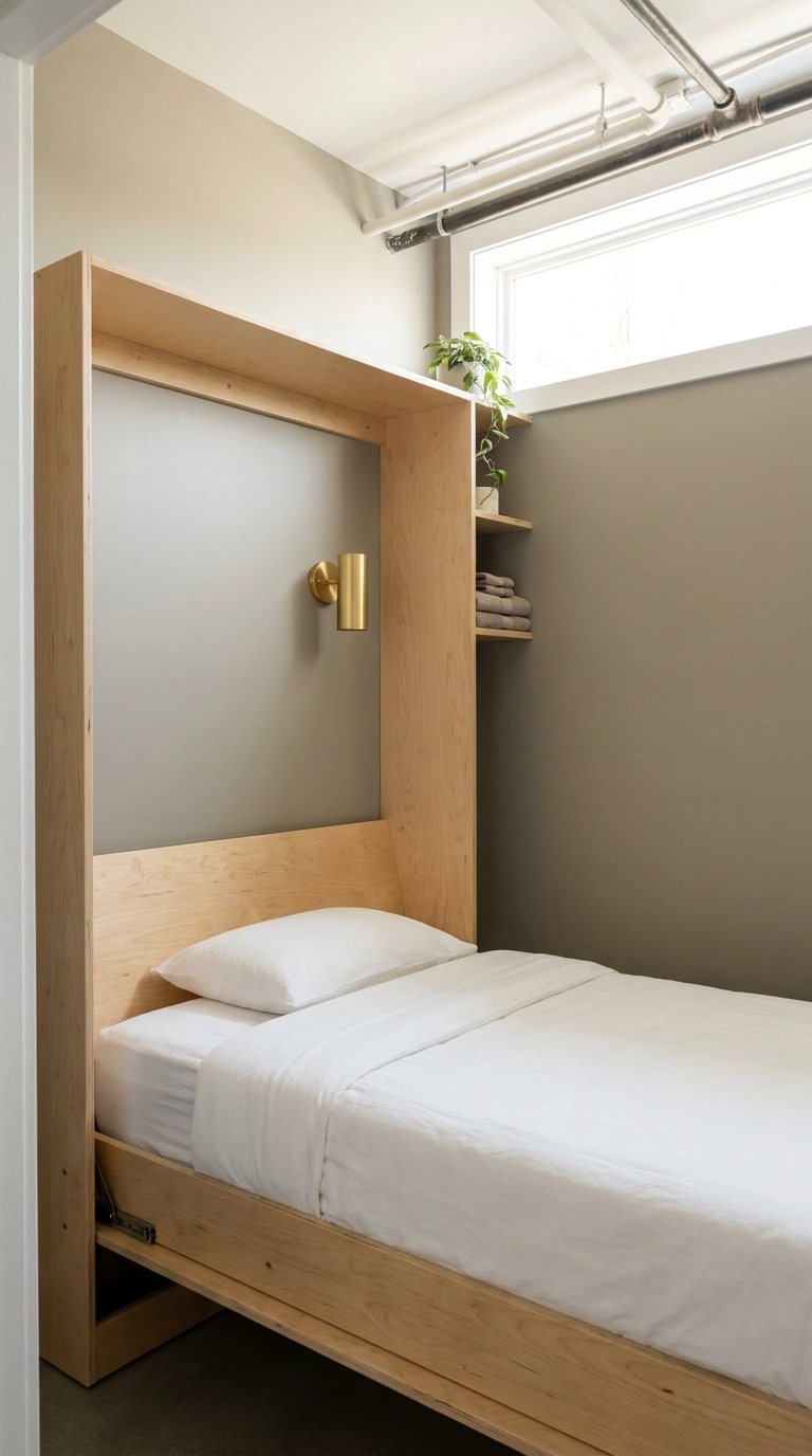Small utility room converted into a micro guest sleeping room with a fold-down birch bed