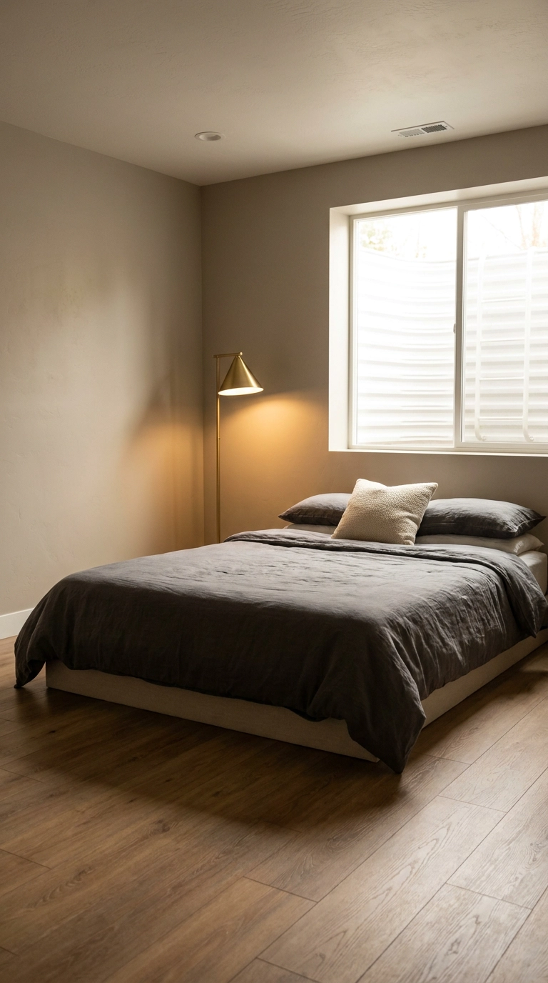Finished basement bedroom conversion featuring a bright egress window well and oak vinyl plank flooring