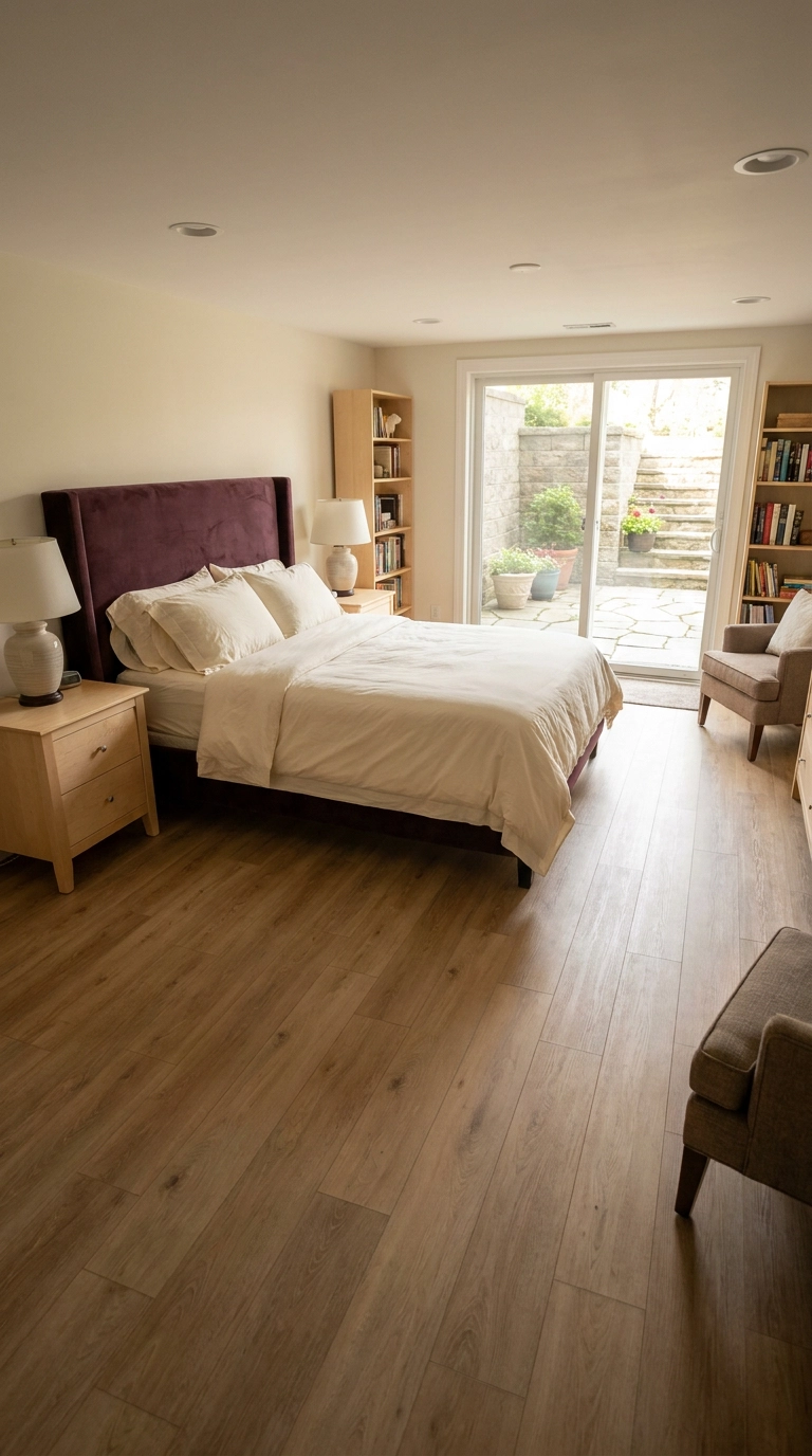 Walk-out basement den converted into a garden bedroom suite with sliding glass patio doors