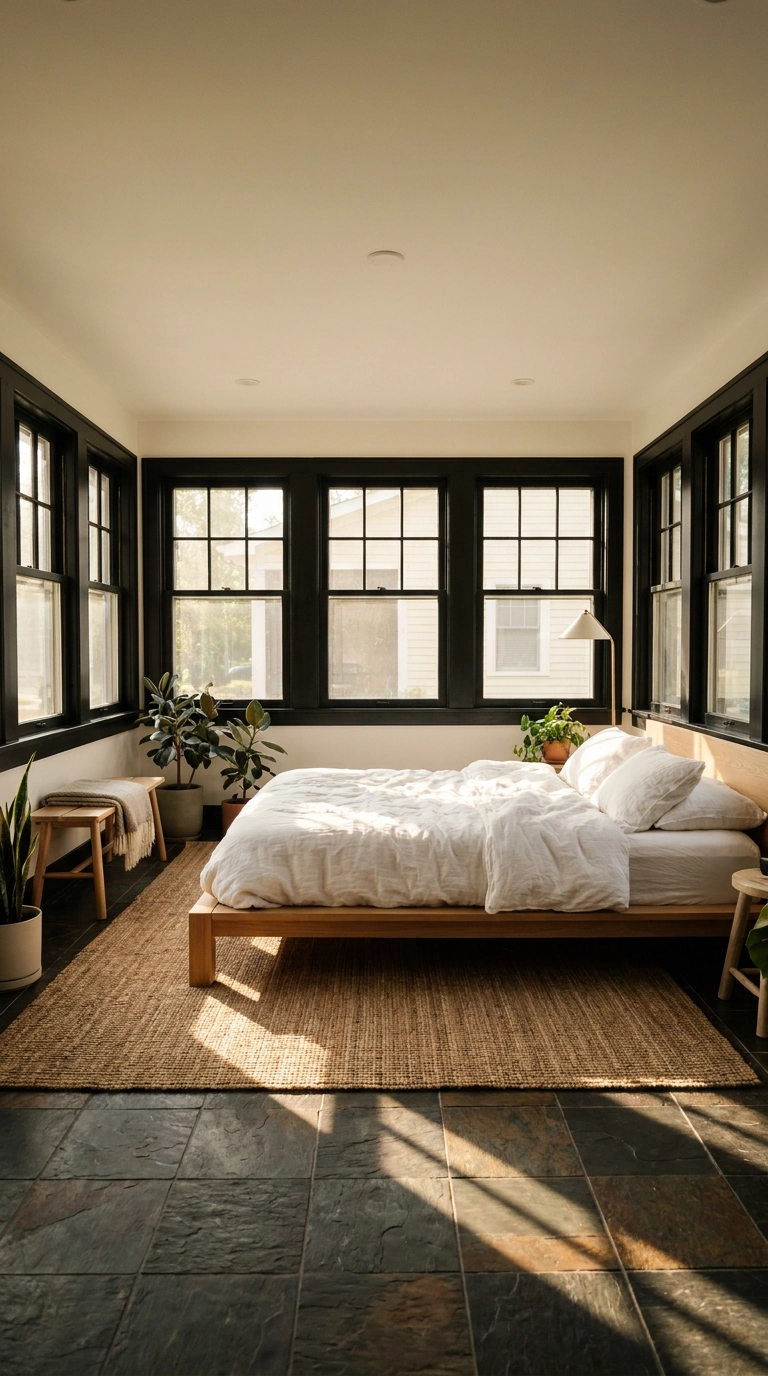 Enclosed screened porch converted into a bright ground floor bedroom with slate tile floors