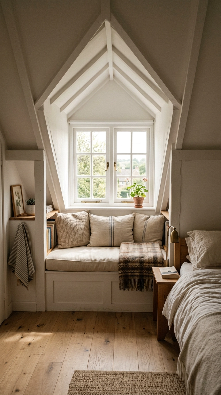 Built-in window seat bench nestled inside a sloped eave dormer nook with cream cushion