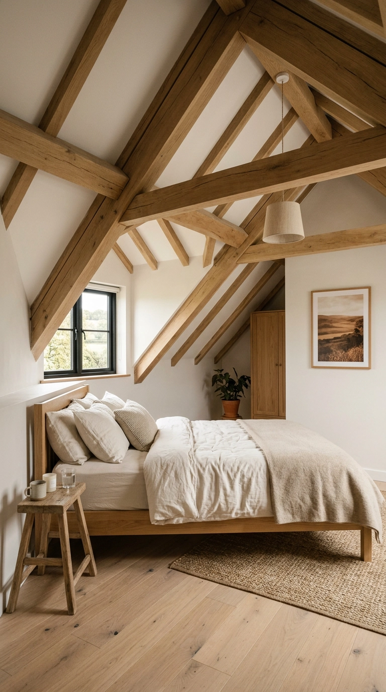 Exposed natural white oak timber ceiling rafters contrasted against alabaster drywall