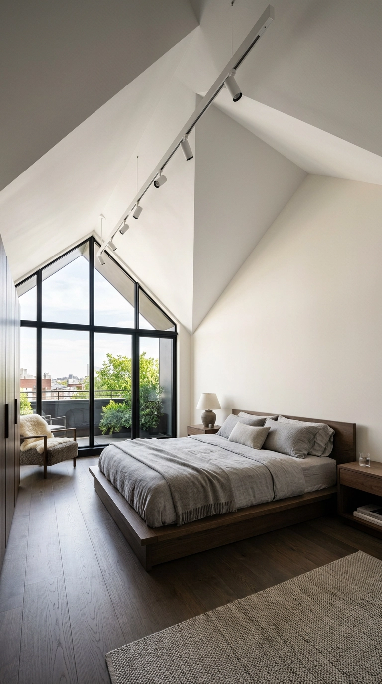 White track lighting rail mounted at peak angled down sloped ceiling in modern bedroom