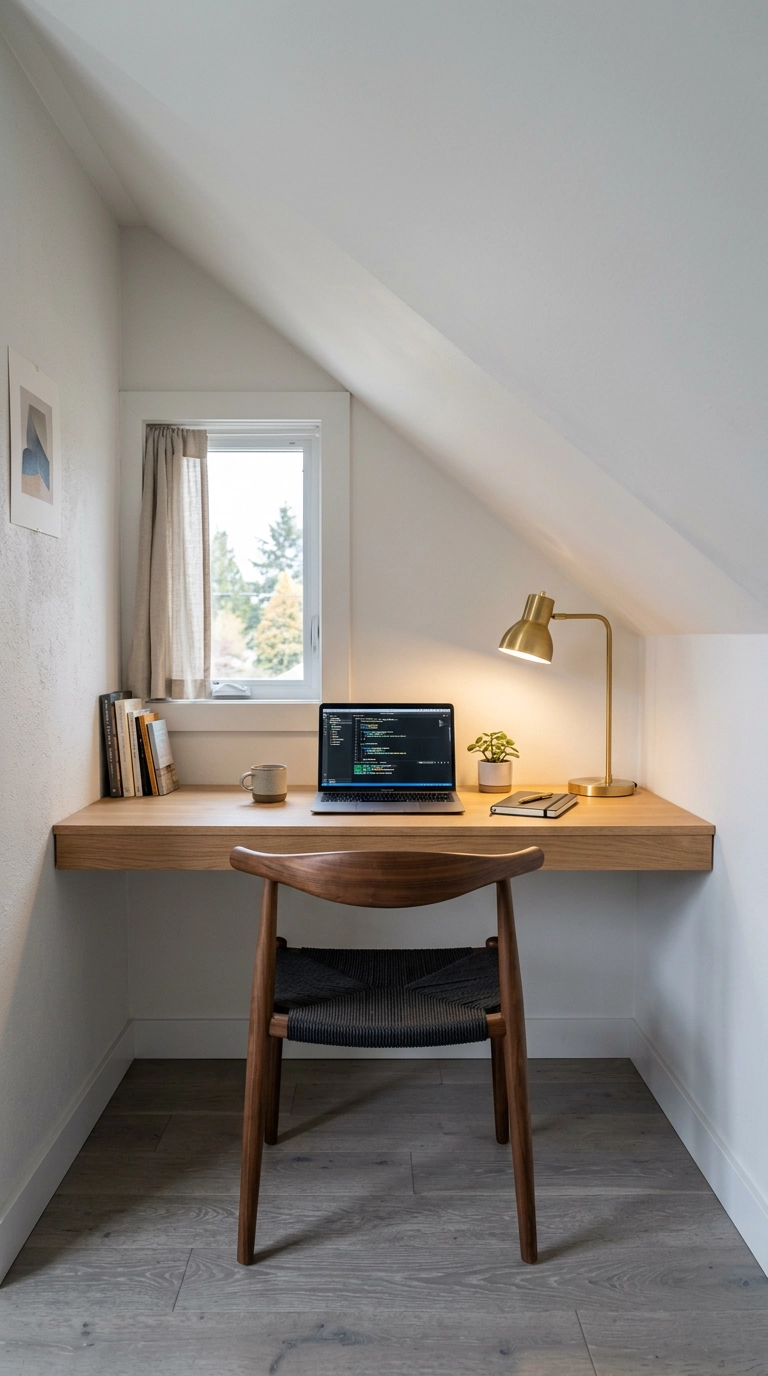 Sleek white oak floating desk tucked under a low sloped roof pitch in an attic bedroom