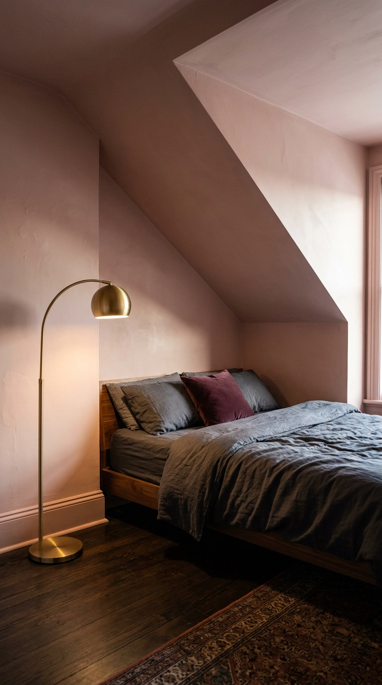 Color drenched sloped ceiling bedroom painted in dusty blush pink Farrow and Ball Setting Plaster