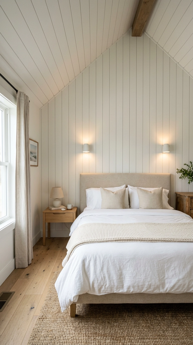 Vertical white tongue-and-groove shiplap running up the sloped pitch in an attic bedroom