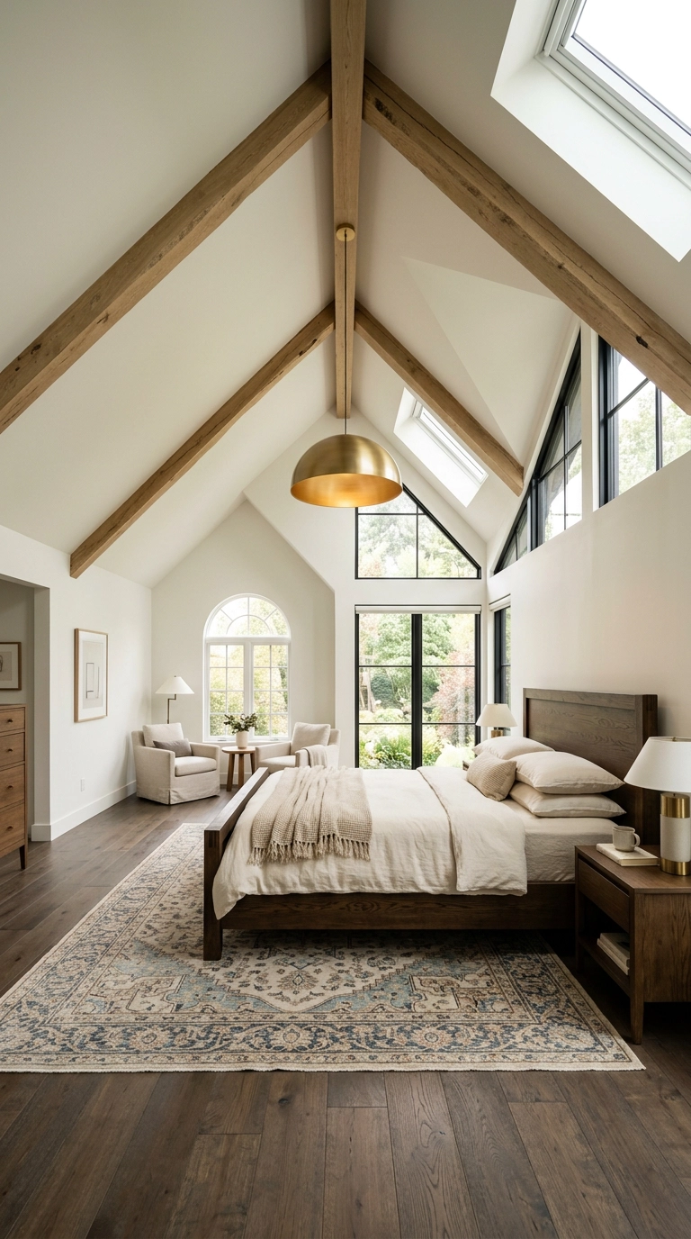 Sleek brass dome pendant light suspended from the highest ceiling peak over a bed