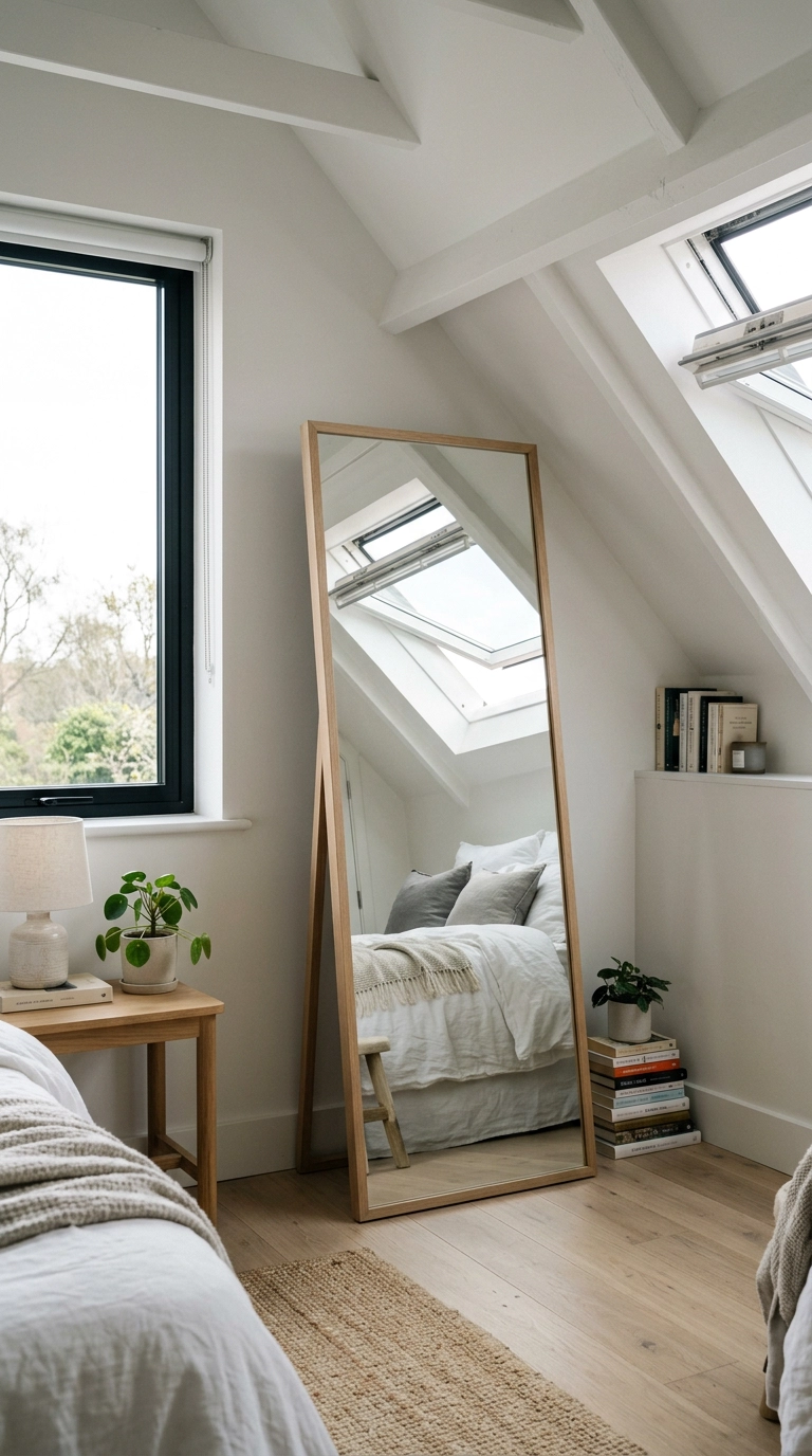 Thin white oak framed floor mirror leaned opposite a sloped ceiling to reflect window light