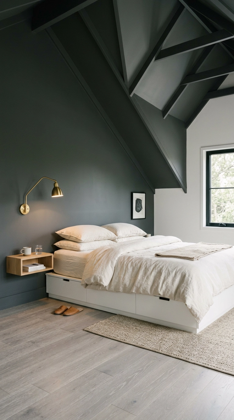 Dusty charcoal painted sloped ceiling pitch creating a cozy canopy effect over a bed