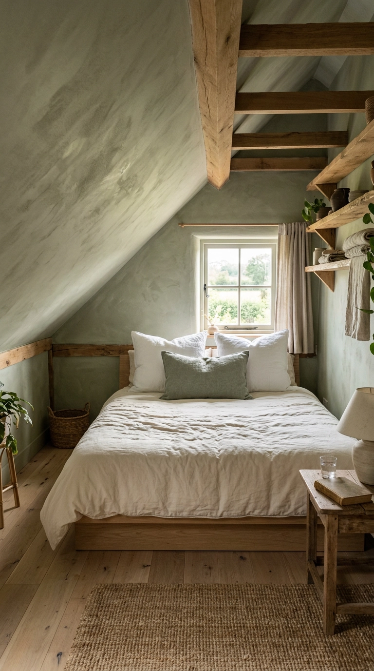 Textured sage green limewash plaster sloped walls in an attic bedroom with oak bed
