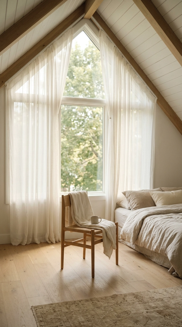Sheer white linen drapes framing a triangular gable window at the peak ceiling line