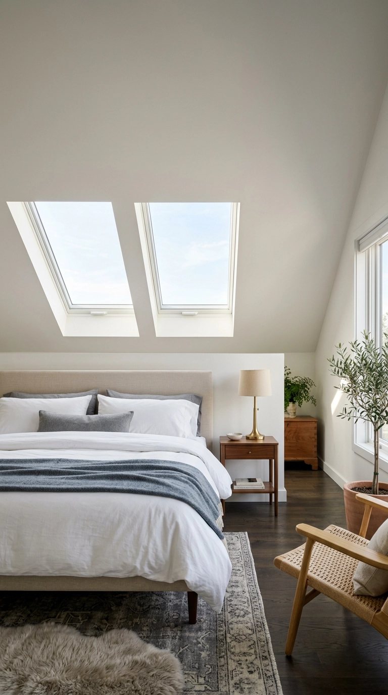 Dual roof skylights mounted directly above the bed in a sloped ceiling attic bedroom