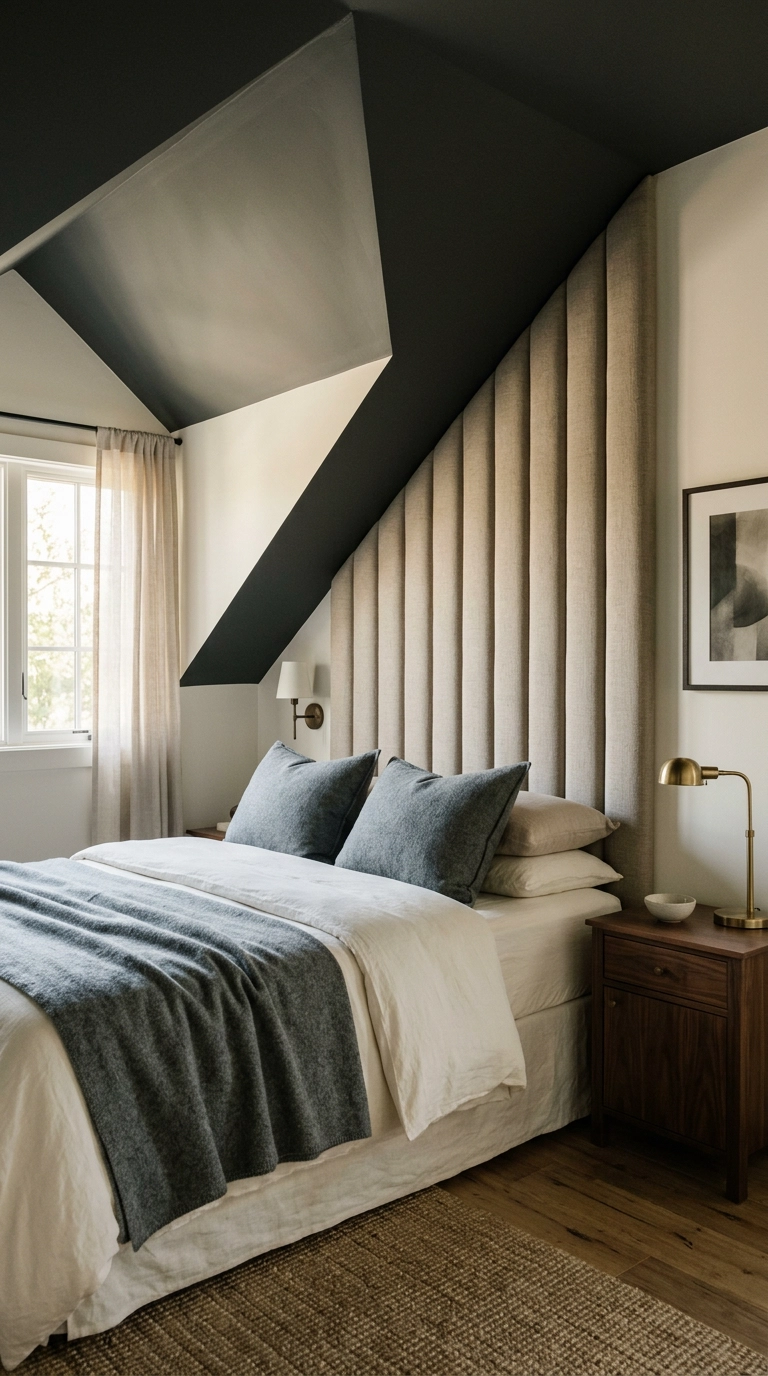 Custom fluted beige linen headboard fitted precisely beneath a sloped ceiling wall