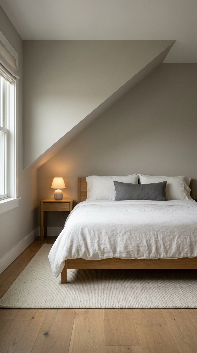 Low white oak platform bed tucked under a low sloped eave wall in an attic bedroom