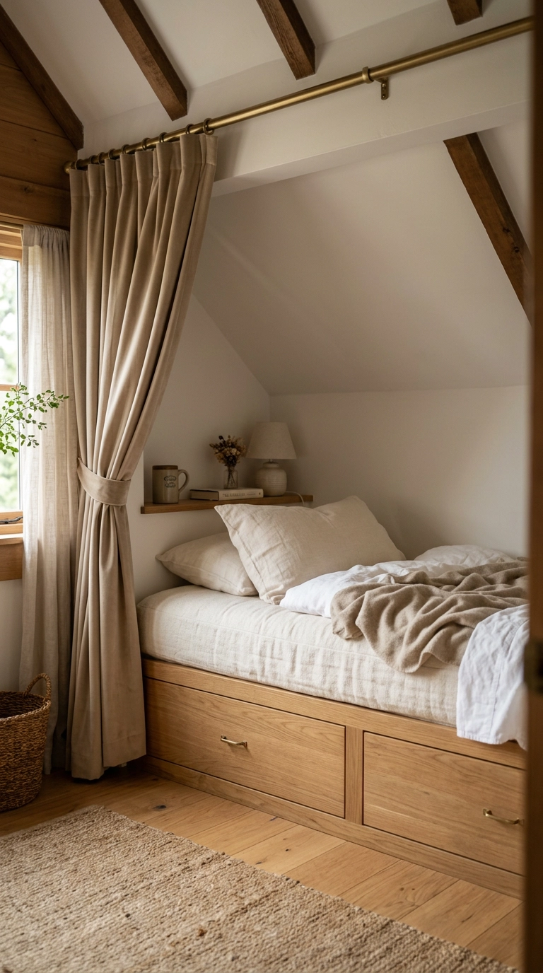 Built-in twin daybed tucked into a sloped ceiling alcove with storage drawers beneath