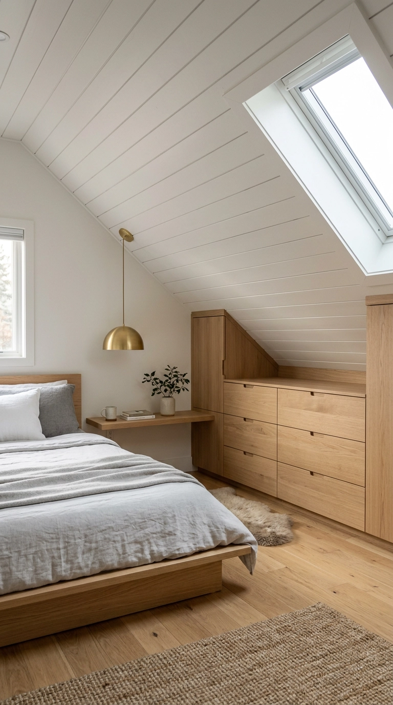 Custom built-in white oak knee-wall storage drawers under a low sloped eave